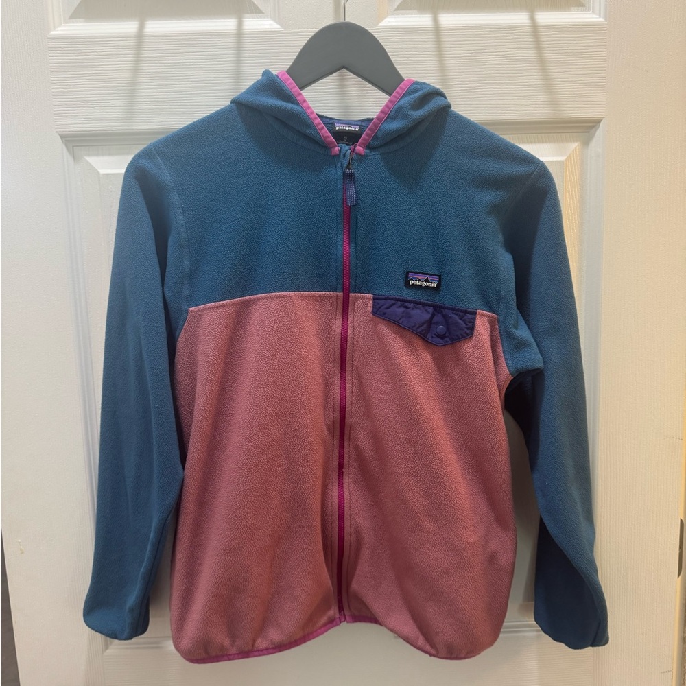 Patagonia Kids Two-Tone Pink & Blue Fleece Zip Up Hoodie, Size XL/14